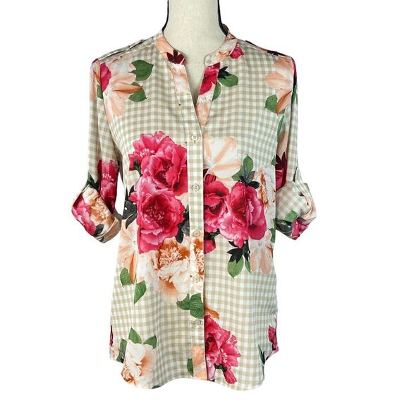 Calvin Klein Small Top Floral Checked Long Roll-Tab Sleeves V-Neck Button-Up - Picture 2 of 12